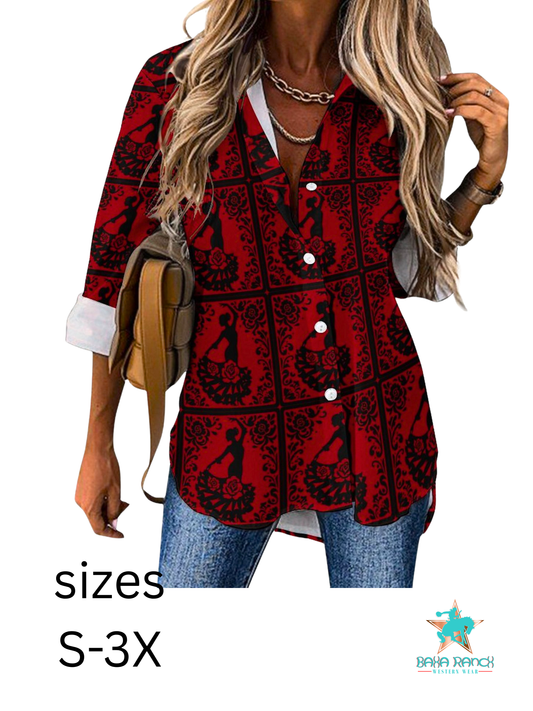 Colores de Mexico Flamenco Floral Button Up Blouse