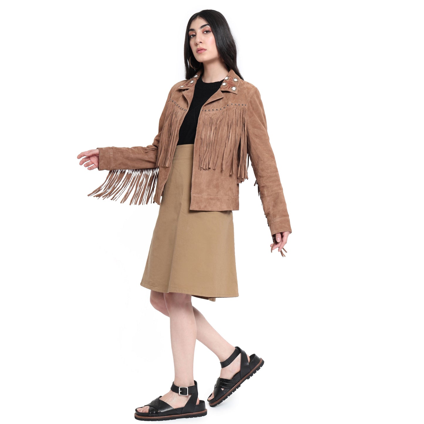 Myra Fringe Embroidered Leather Jacket