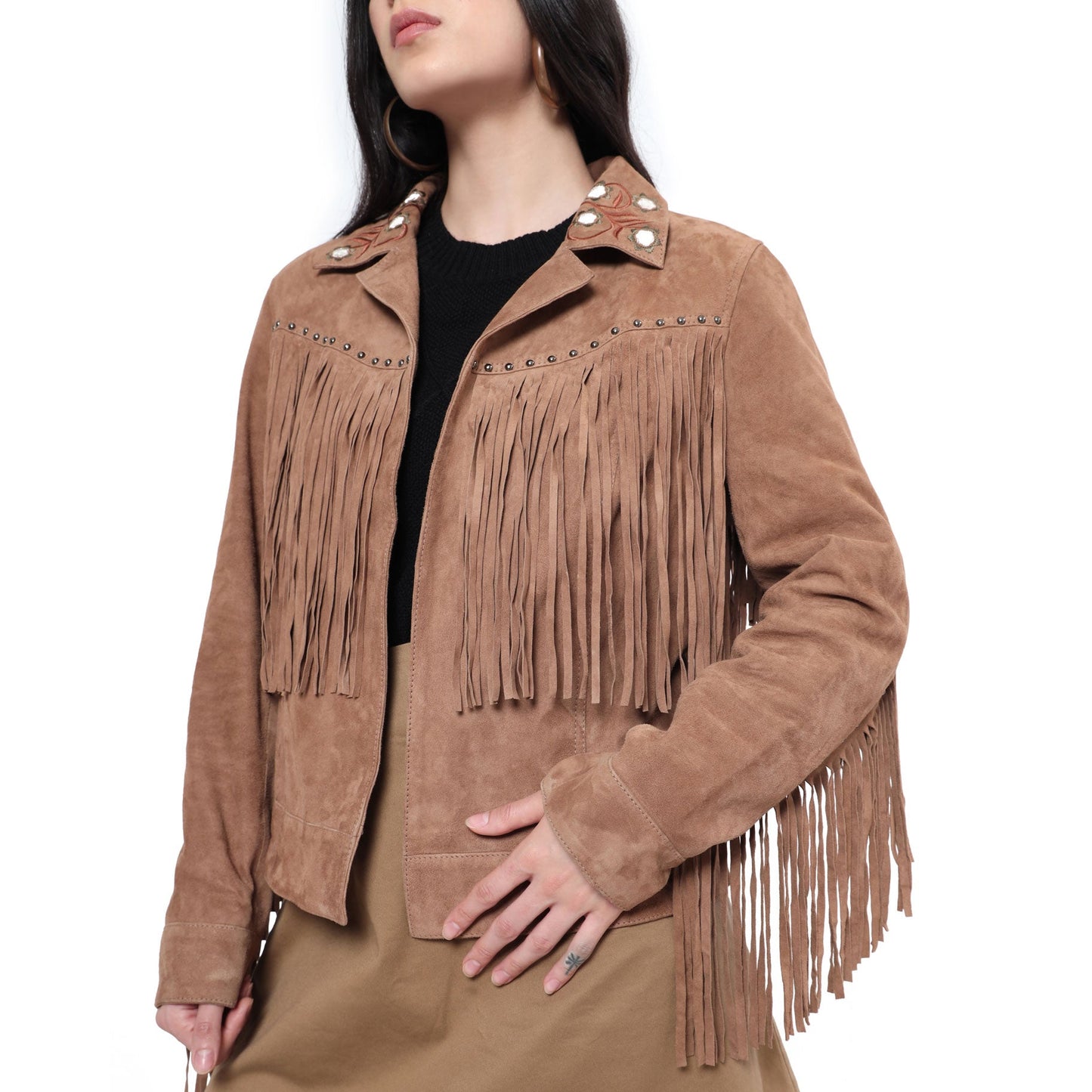 Myra Fringe Embroidered Leather Jacket