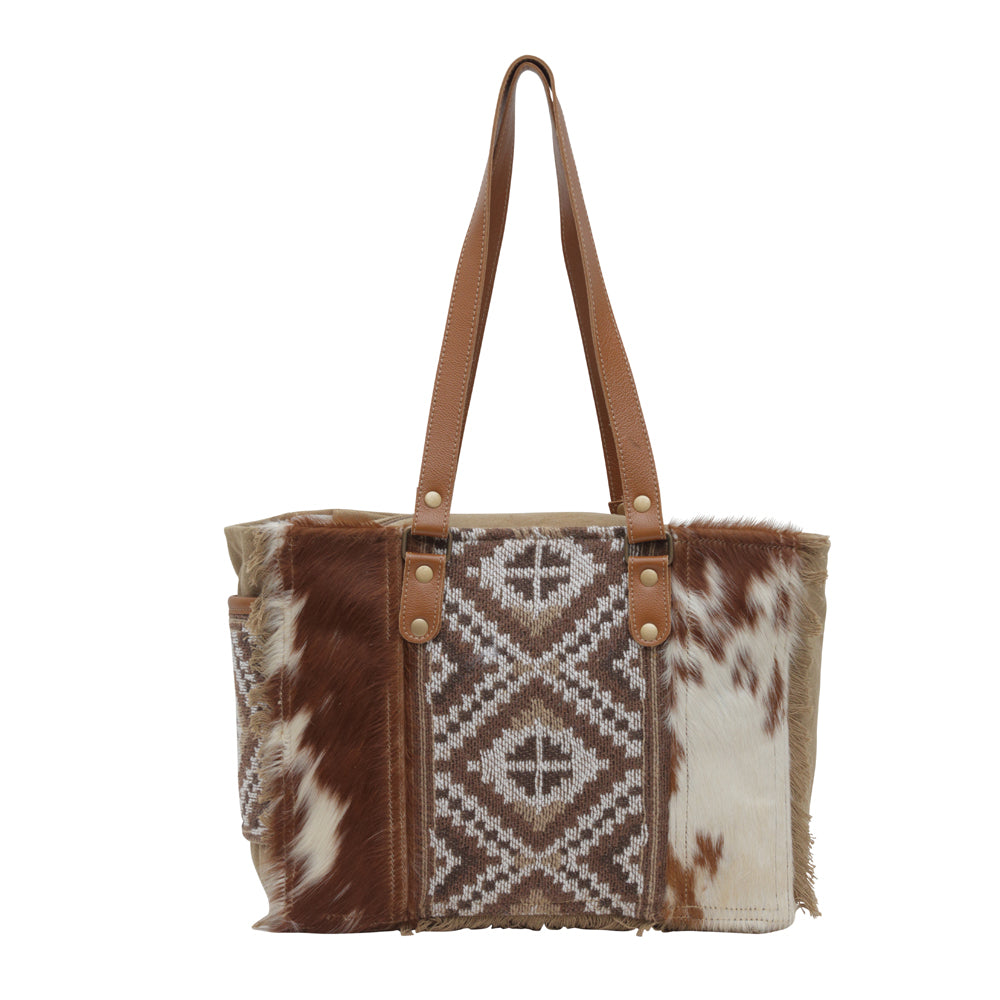 Myra Elisa Le Hairon Leather Tote Bag Fringe Accents, Handwoven Tribal Design for Everyday Use