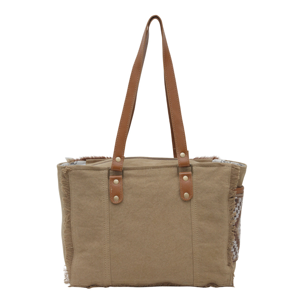 Myra Elisa Le Hairon Leather Tote Bag Fringe Accents, Handwoven Tribal Design for Everyday Use