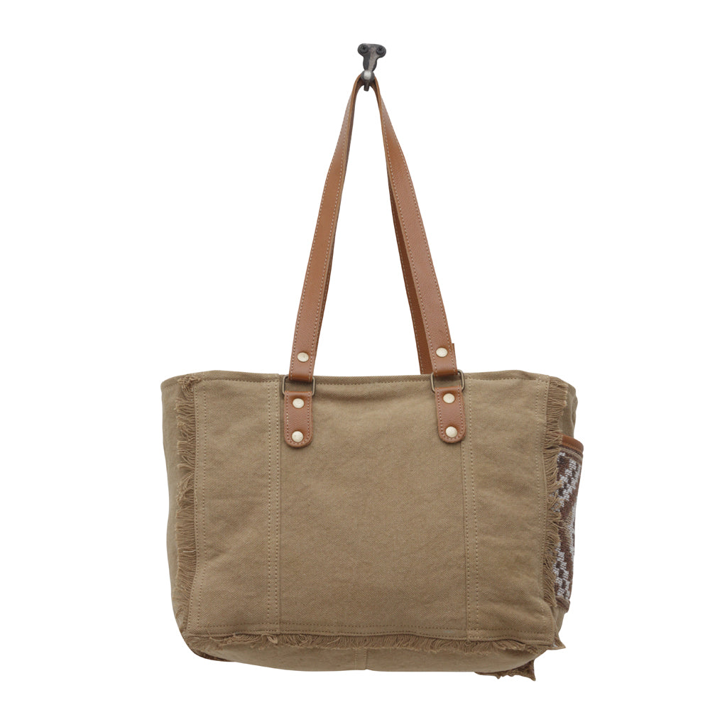 Myra Elisa Le Hairon Leather Tote Bag Fringe Accents, Handwoven Tribal Design for Everyday Use