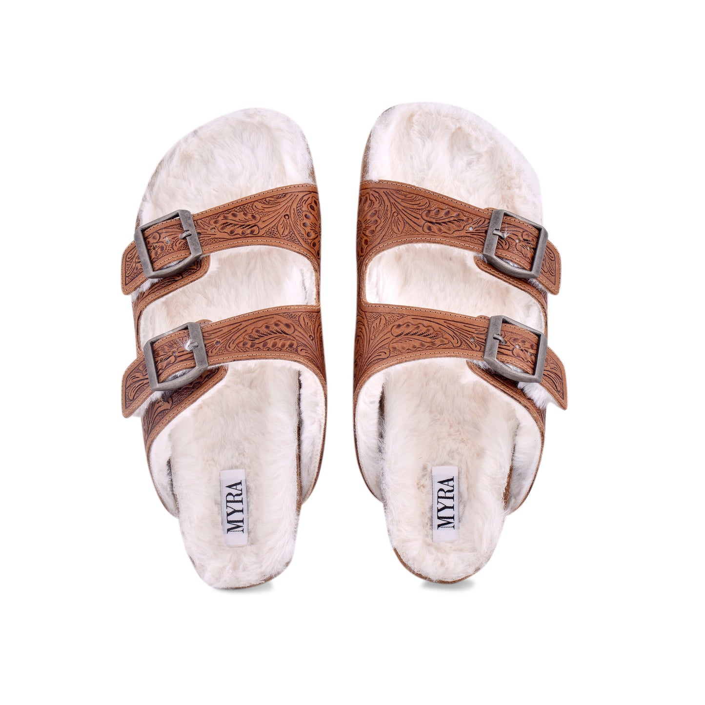 Myra Prairie Winds Hand-tooled Fur Comfort Leather Sandals