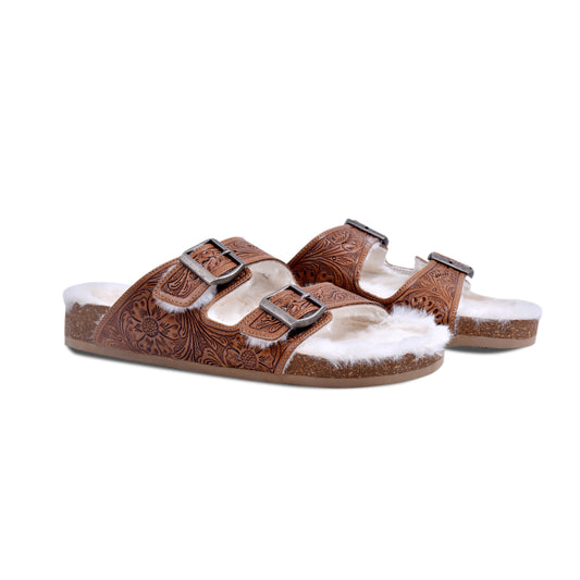 Myra Prairie Winds Hand-tooled Fur Comfort Leather Sandals