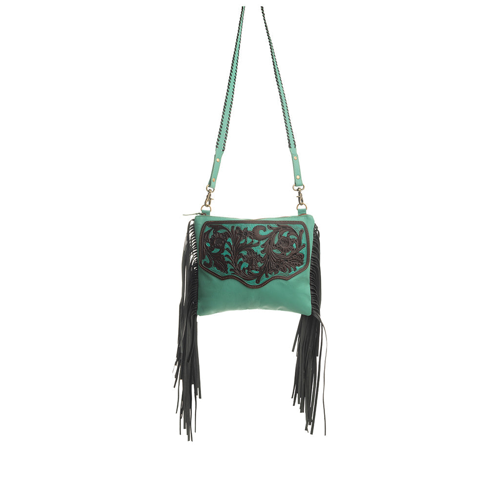 Myra Millstone Fringed Hand-Tooled Bag in Teal