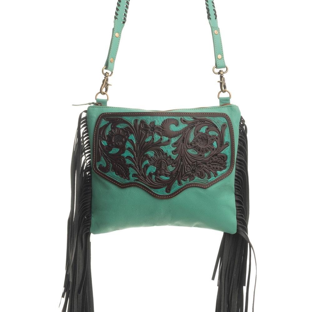 Myra Millstone Fringed Hand-Tooled Bag in Teal