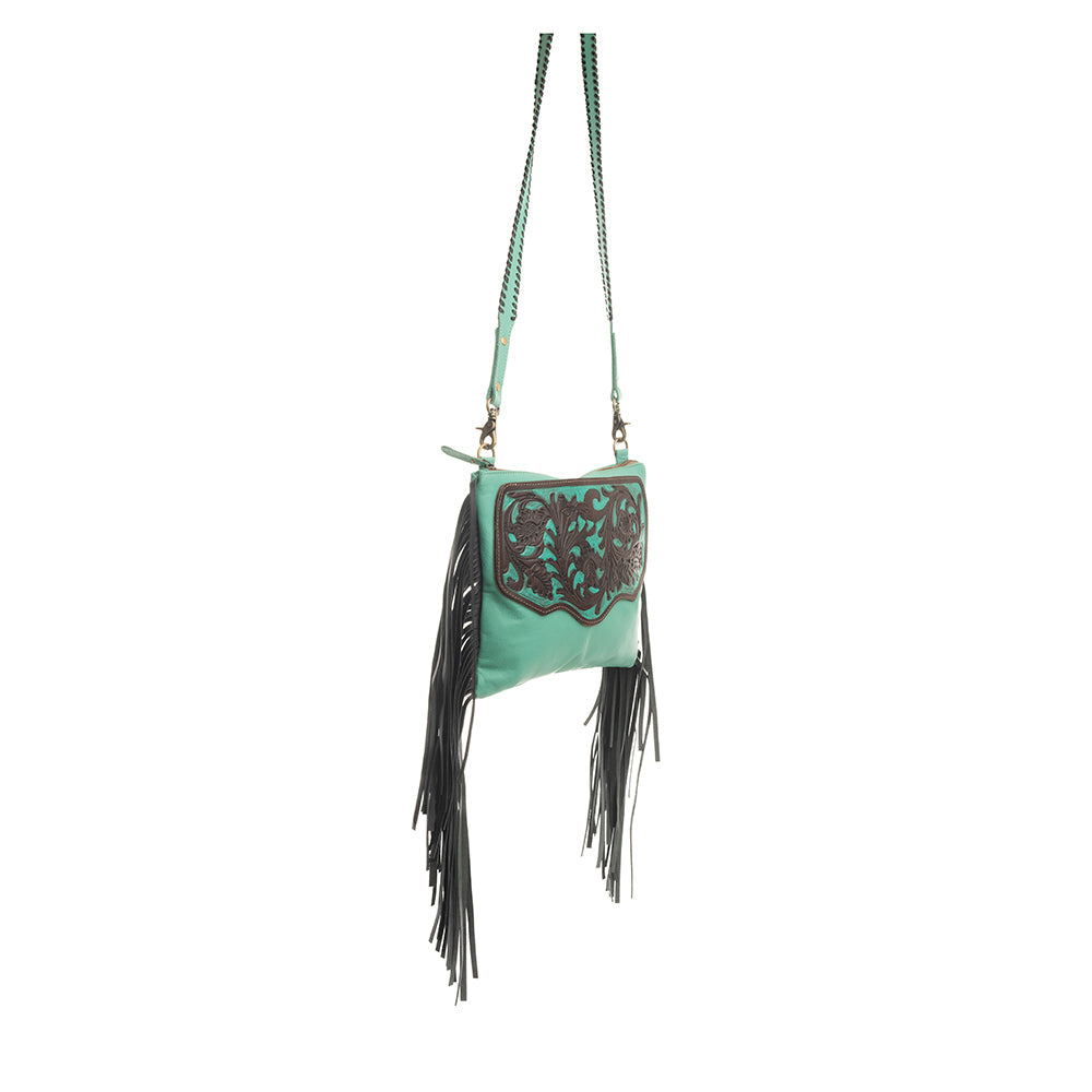 Myra Millstone Fringed Hand-Tooled Bag in Teal