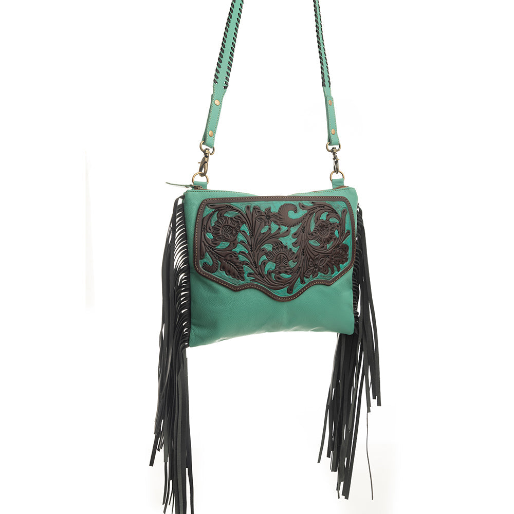 Myra Millstone Fringed Hand-Tooled Bag in Teal