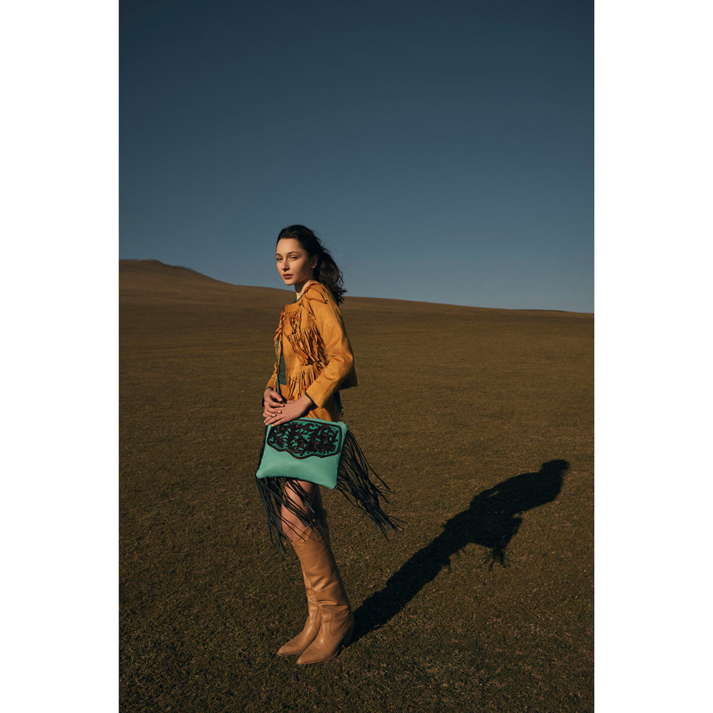 Myra Millstone Fringed Hand-Tooled Bag in Teal