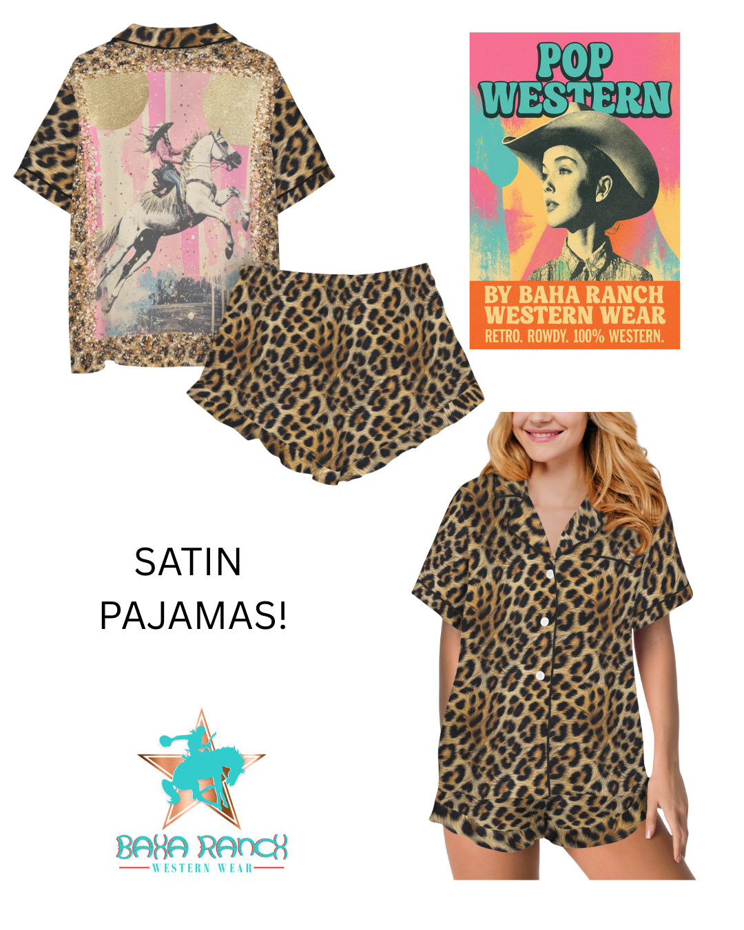 Baha Ranch Retro Pop Western Leopard Cowgirl Satin Pajamas