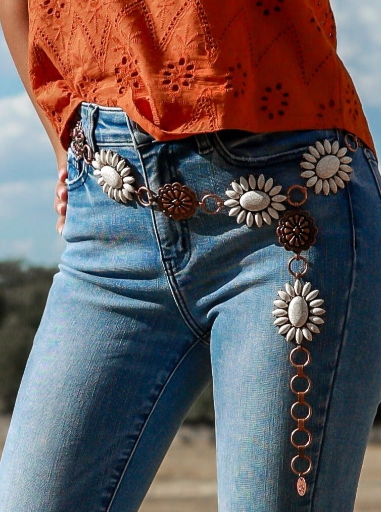 Forever Chasing Cowboys Copper Cream Floral Concho Link Belt Plus