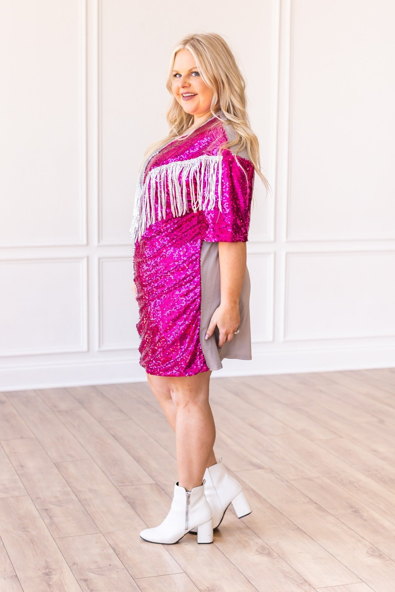 Putting On A Show Sequin Dress With Fringe