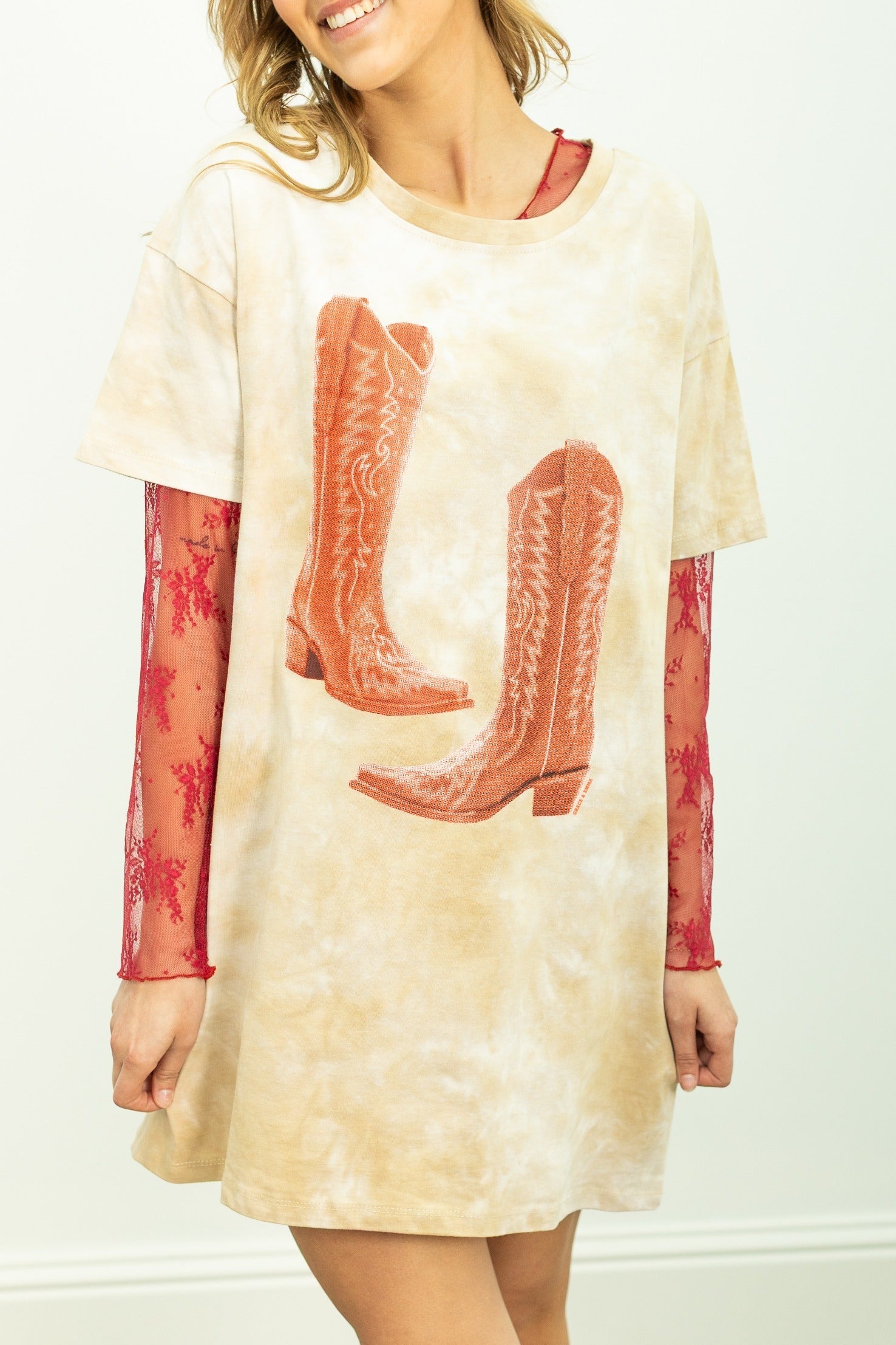 Red Cowgirl Boots on Beige Tie Dye T-Shirt Dress Beige / Plus Size Red Cowgirl Boots on Beige Tie Dye T-Shirt Dress Beige / Plus Size