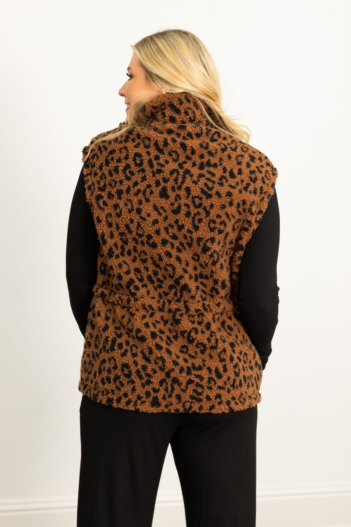 Leopard Sherpa Reversible Zip Puffy Vest