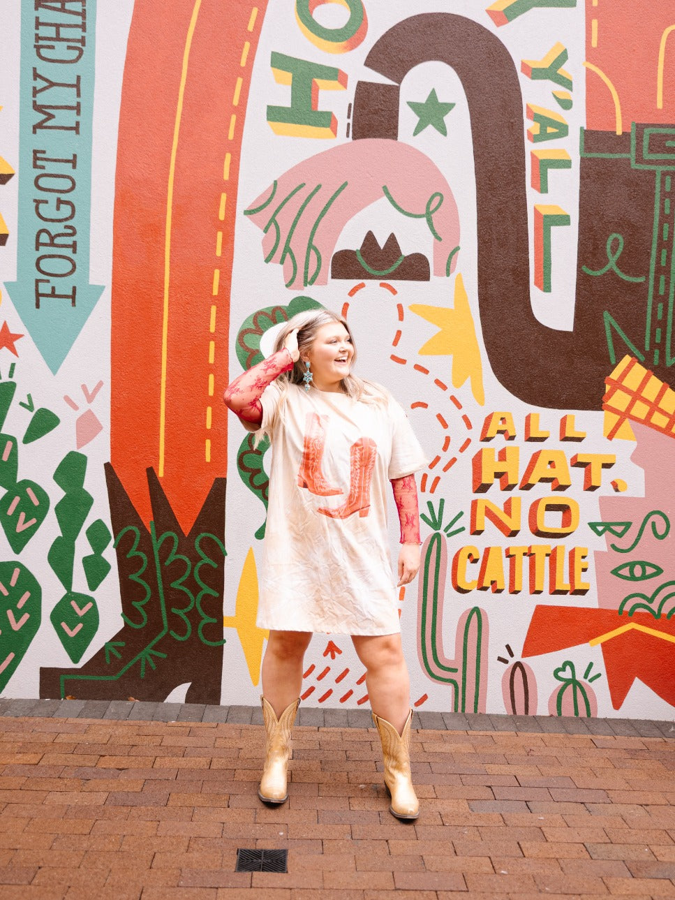 Red Cowgirl Boots on Beige Tie Dye T-Shirt Dress Beige / Plus Size Red Cowgirl Boots on Beige Tie Dye T-Shirt Dress Beige / Plus Size