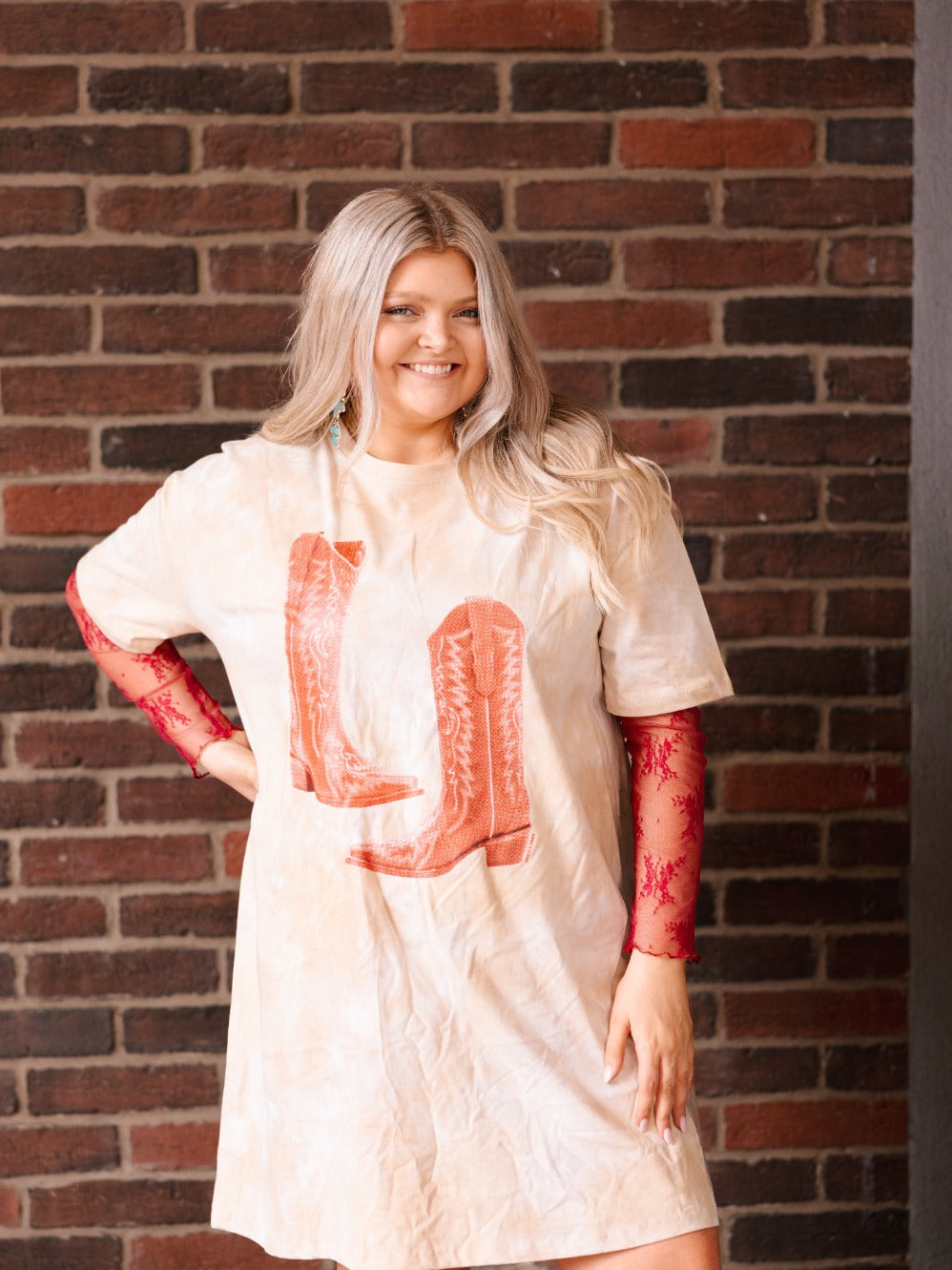 Red Cowgirl Boots on Beige Tie Dye T-Shirt Dress Beige / Plus Size Red Cowgirl Boots on Beige Tie Dye T-Shirt Dress Beige / Plus Size