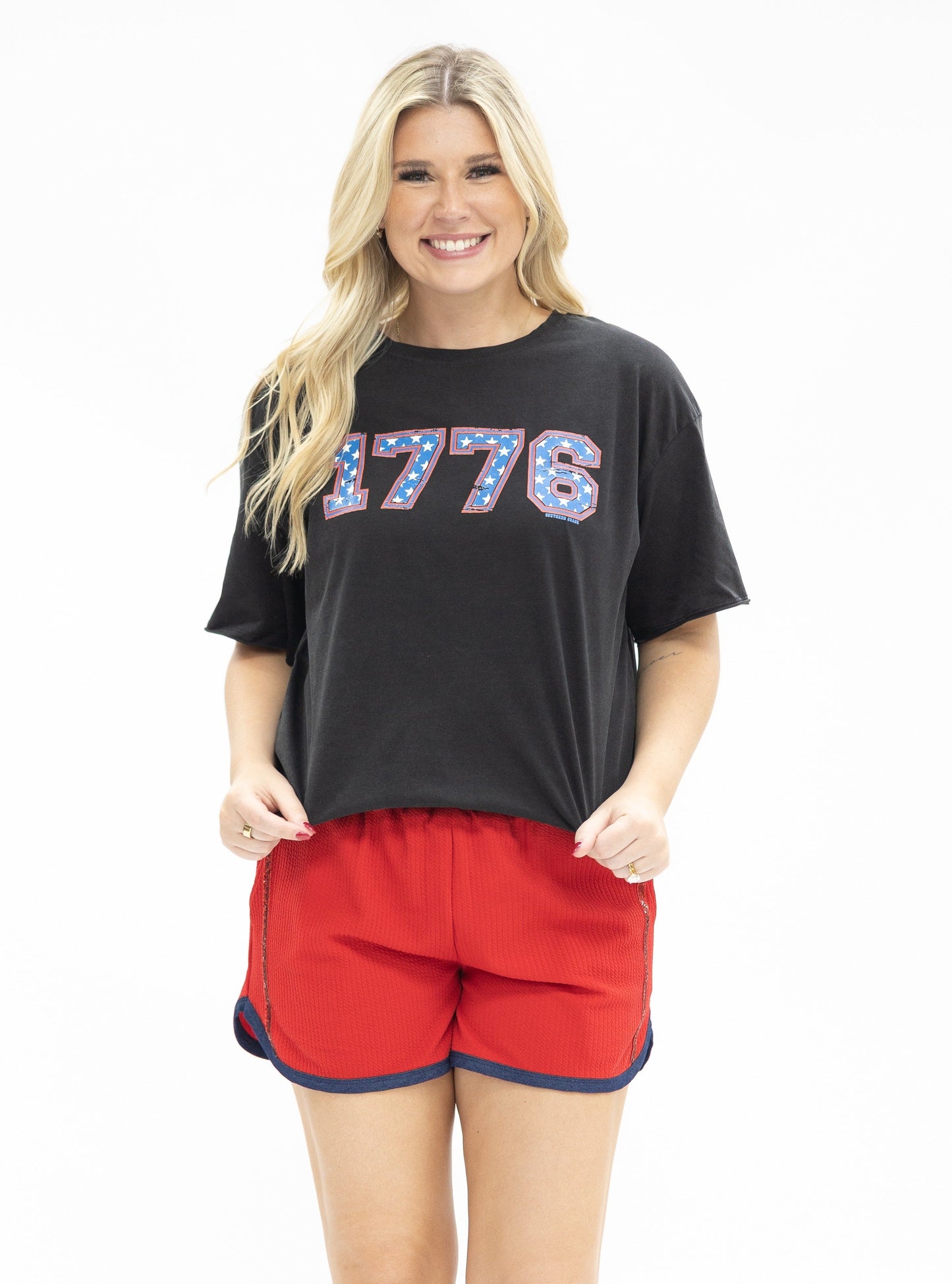 Patriotic Red Shorts with Denim Accents