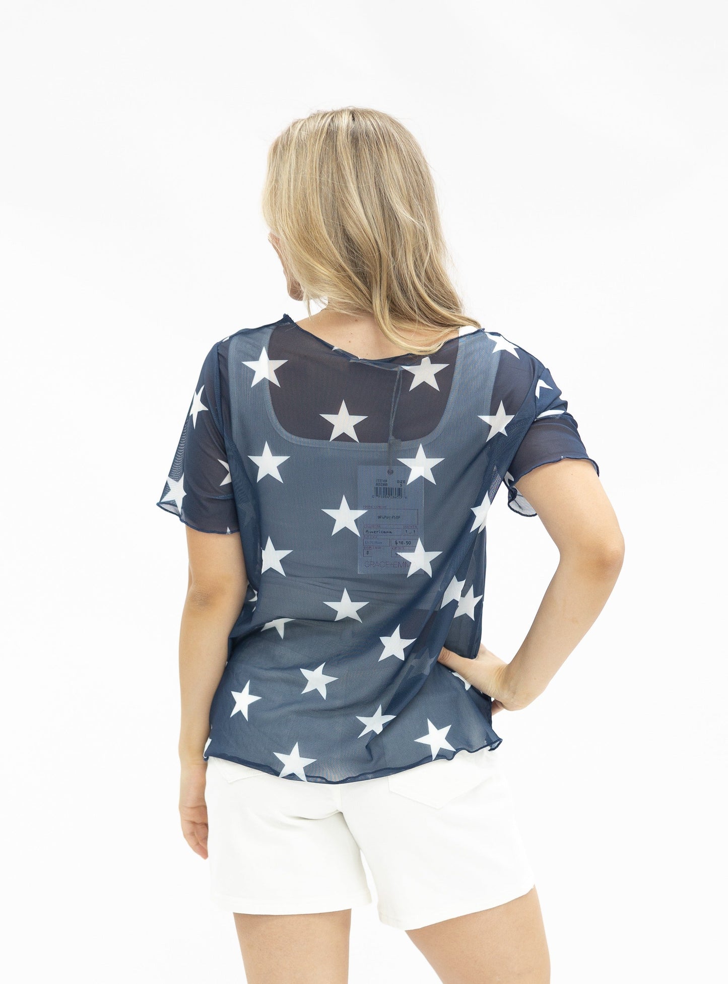 Patriotic Stars Mesh Short-Sleeve Top, Navy
