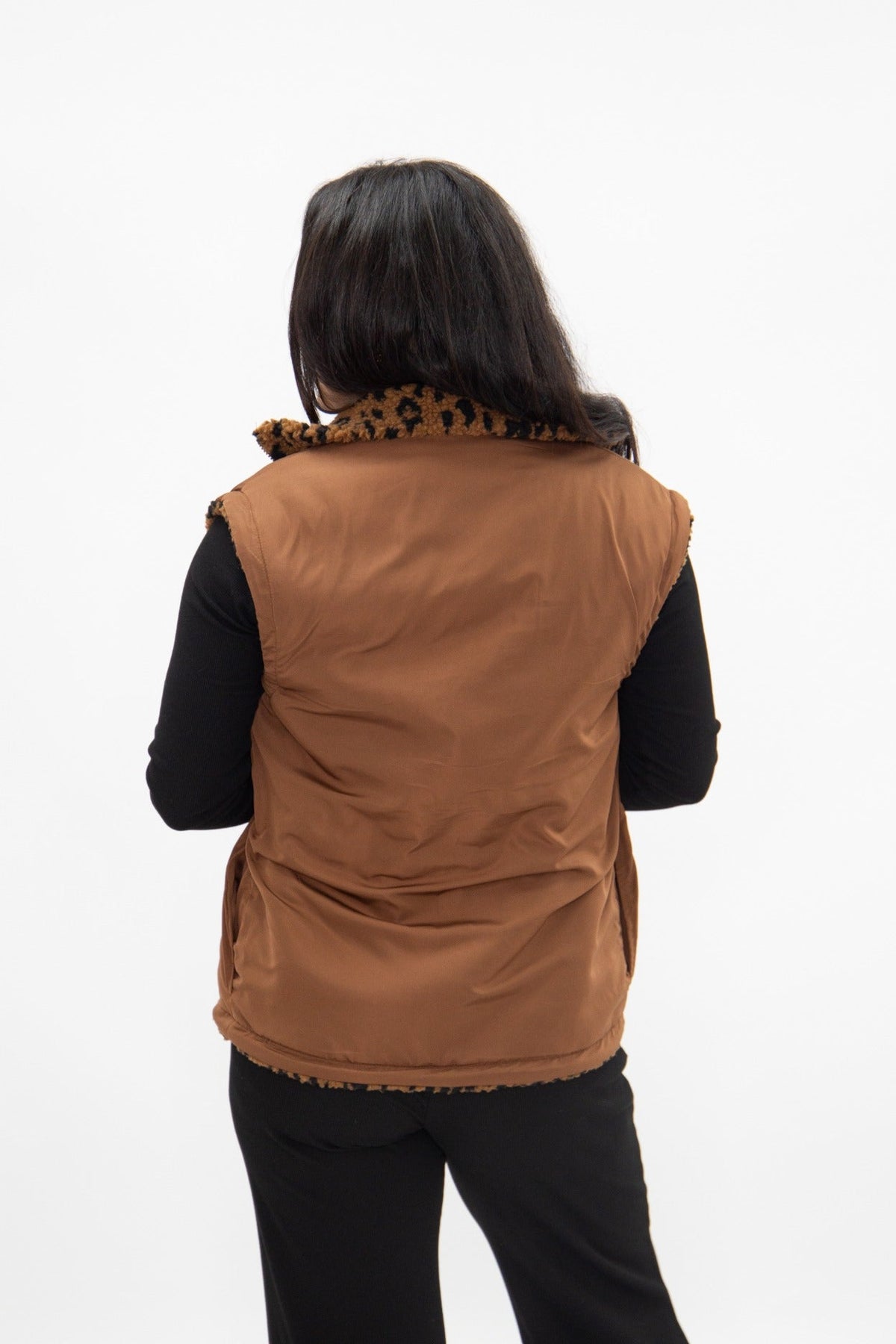 Leopard Sherpa Reversible Zip Puffy Vest