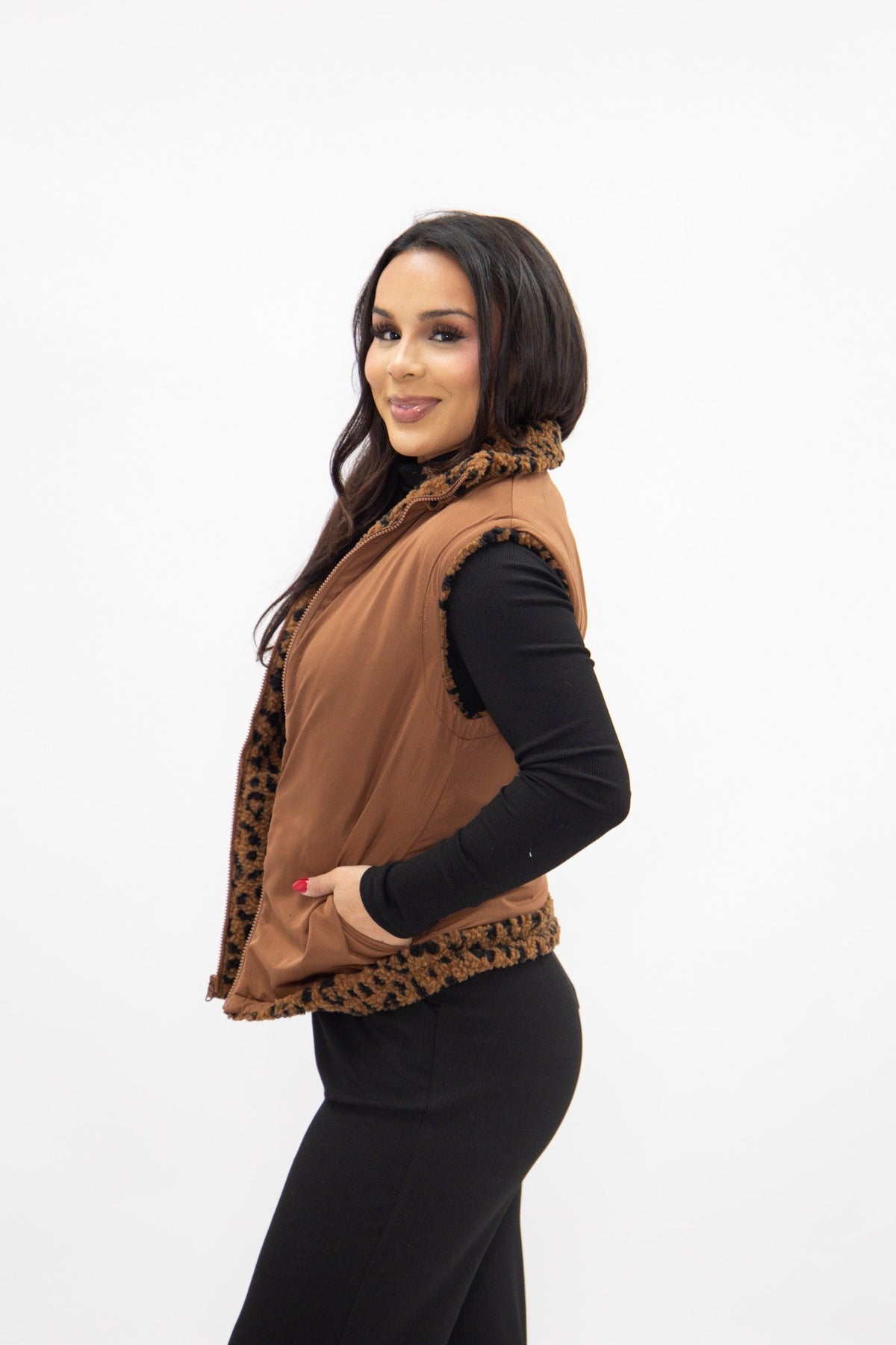 Leopard Sherpa Reversible Zip Puffy Vest