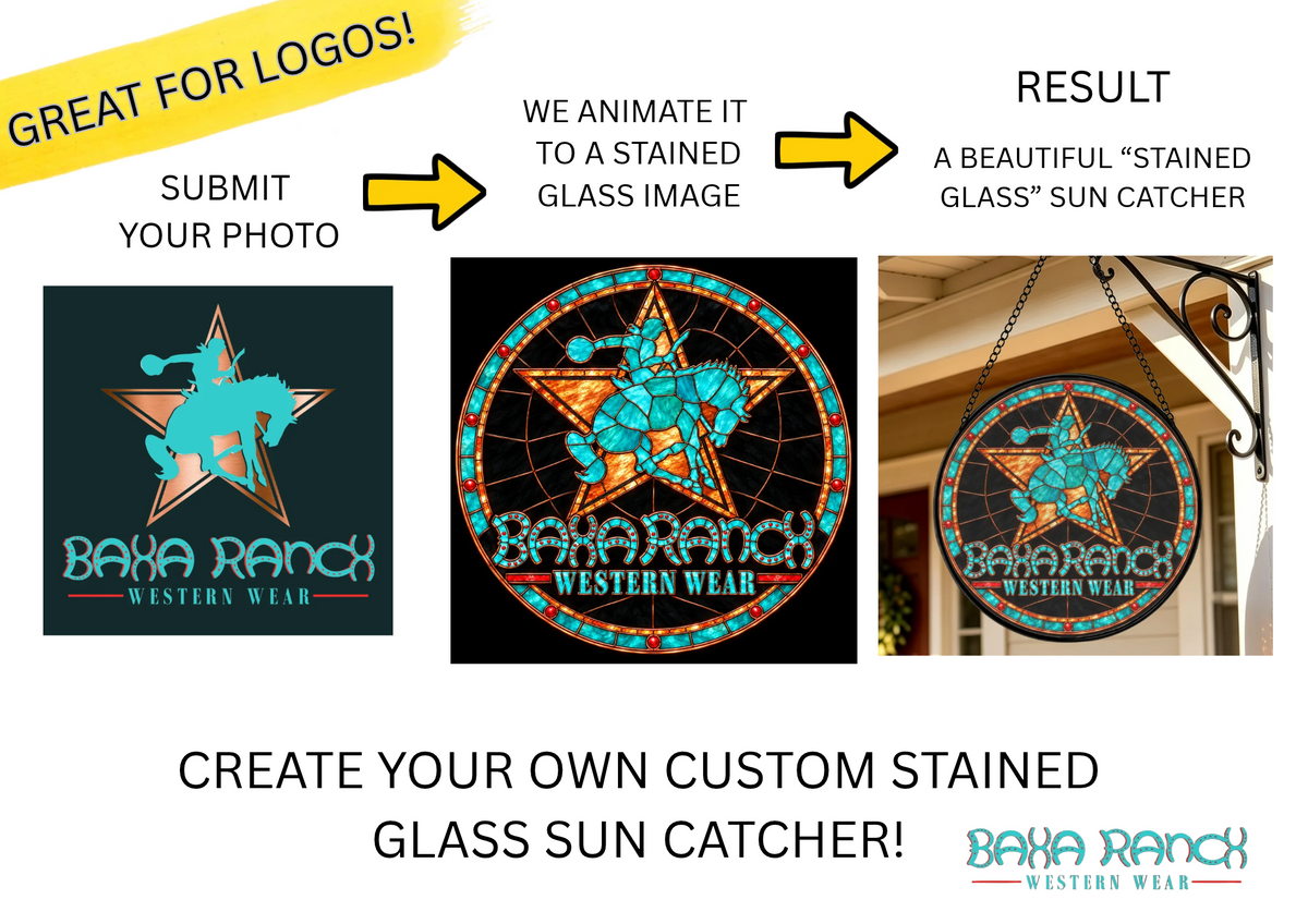 Baha Ranch Customizable Personalized Stained Glass Suncatcher 9.8" x 9.8" - Create Your Own Made in America