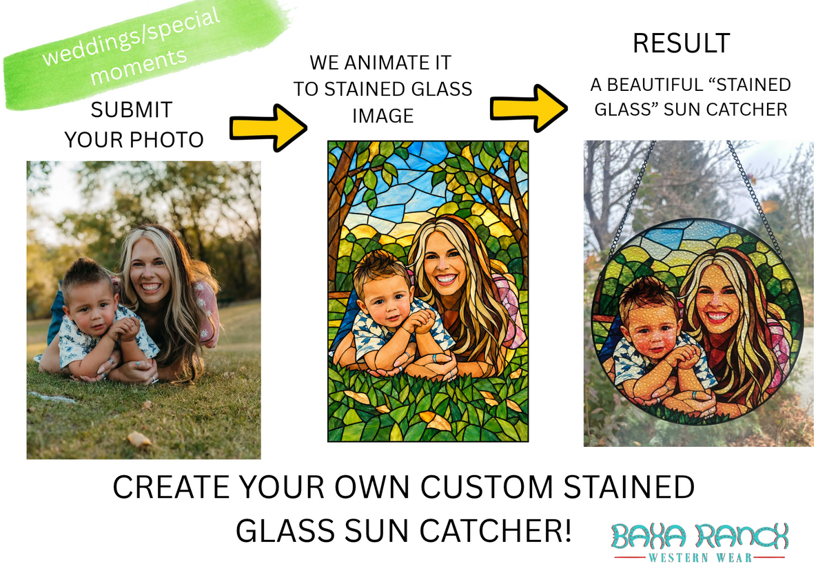 Baha Ranch Customizable Personalized Stained Glass Suncatcher 9.8" x 9.8" - Create Your Own Made in America