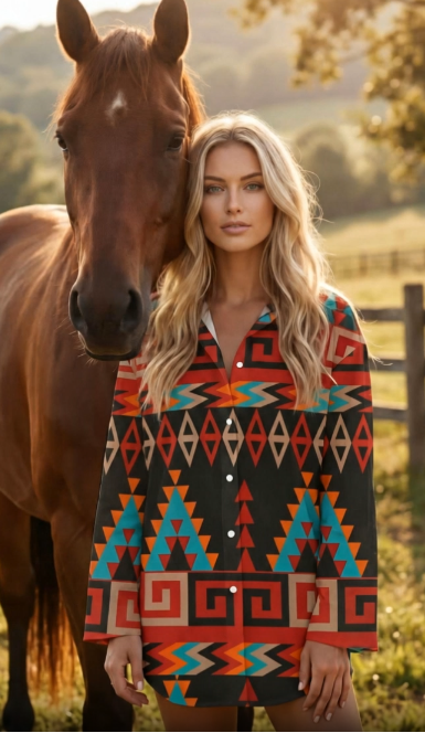 Woman in a aztec top standing next to a horse in a field
