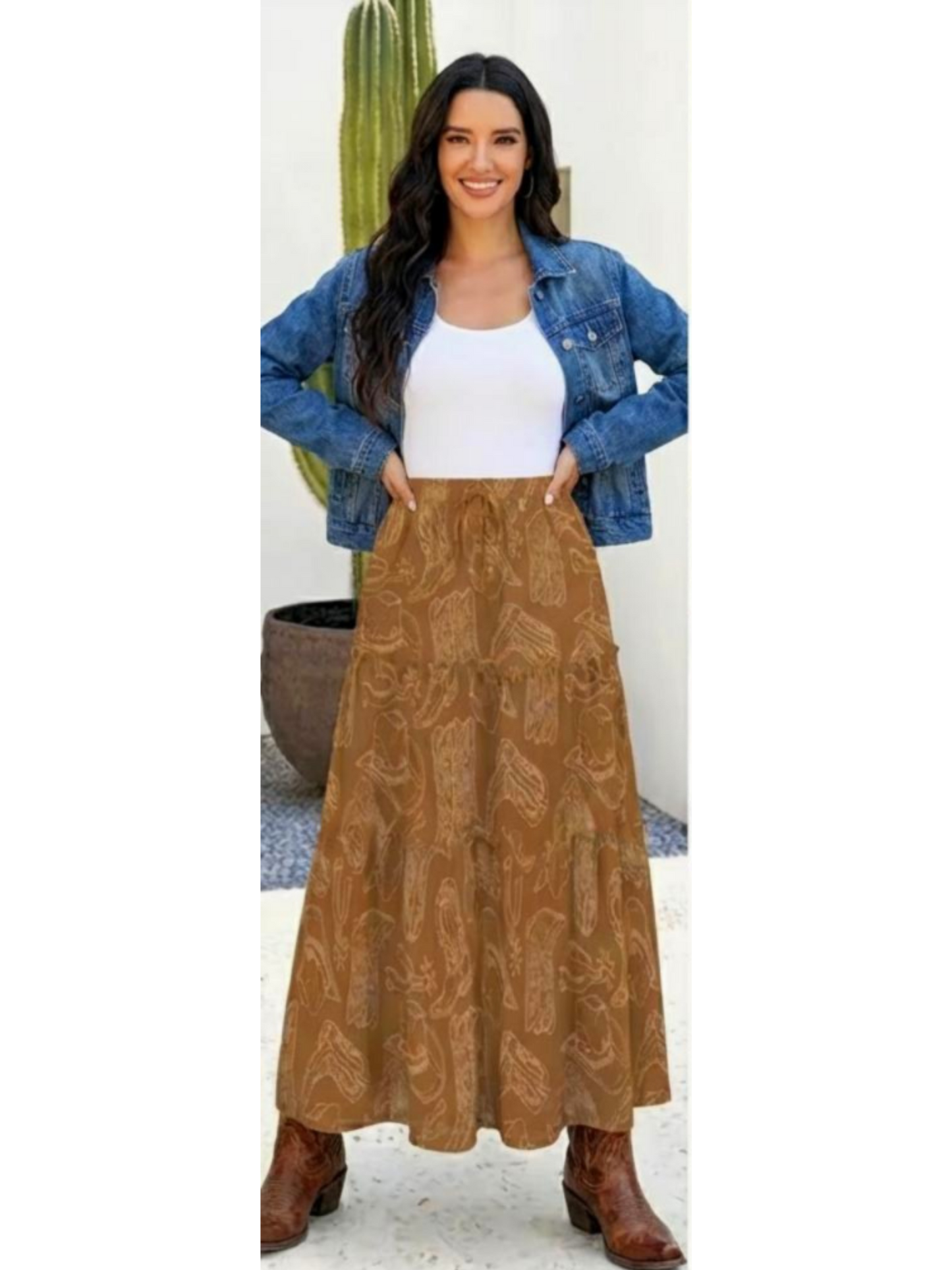 Baha Ranch Western Boot Print Tiered Prairie Maxi Skirt
