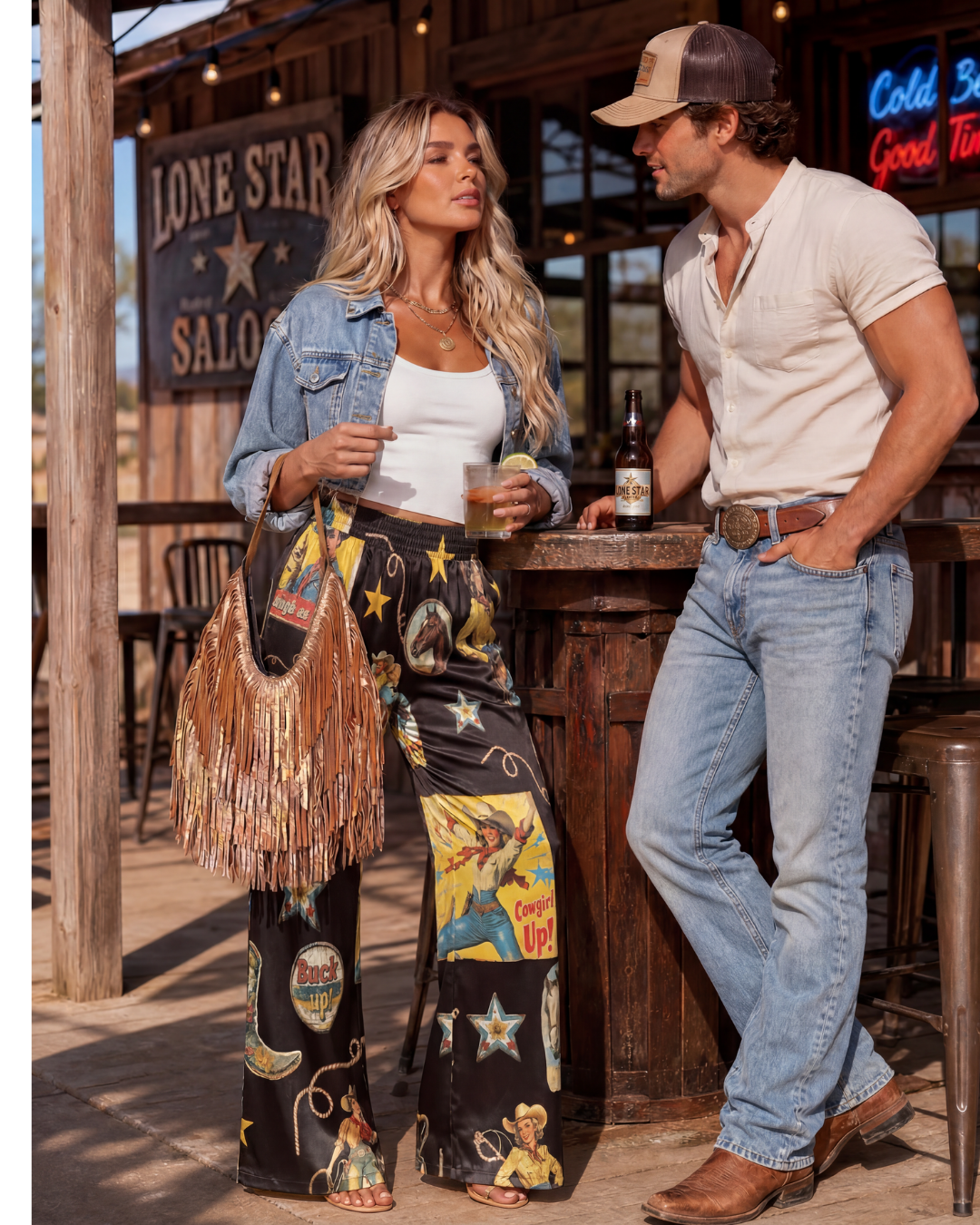Two people in a bar setting with rustic decor, one wearing a colorful outfit and the other in casual attire.