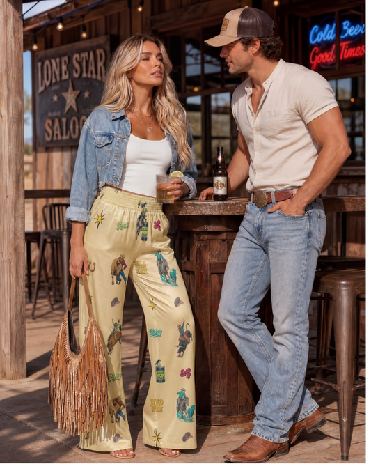 Man and woman standing at a bar with a 'Lone Star Saloon' sign in the background.