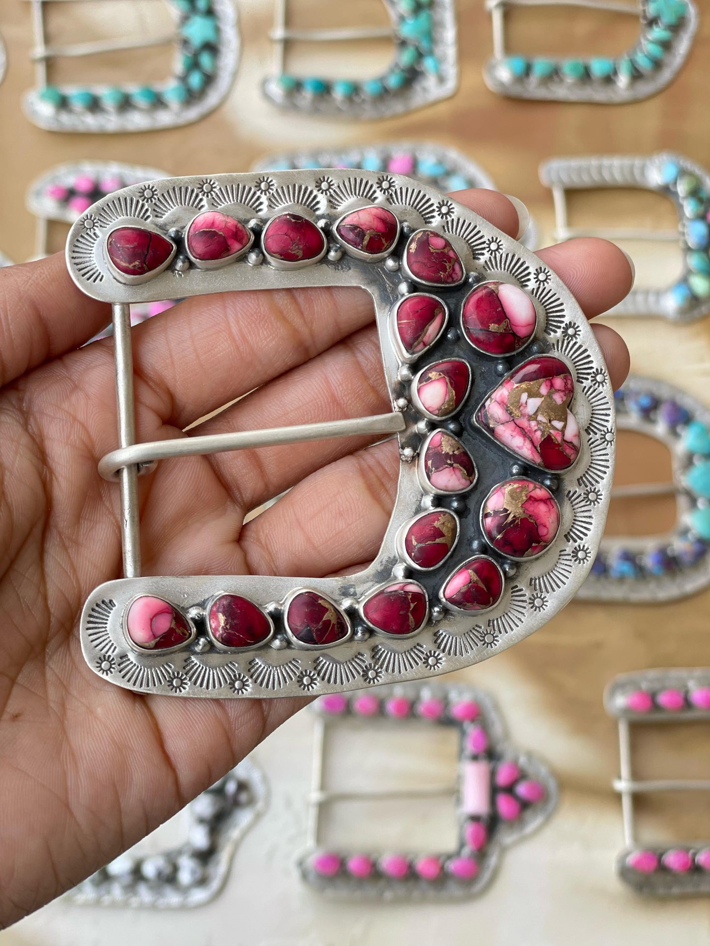 Multi Gemstones Sterling Silver Belt Buckle