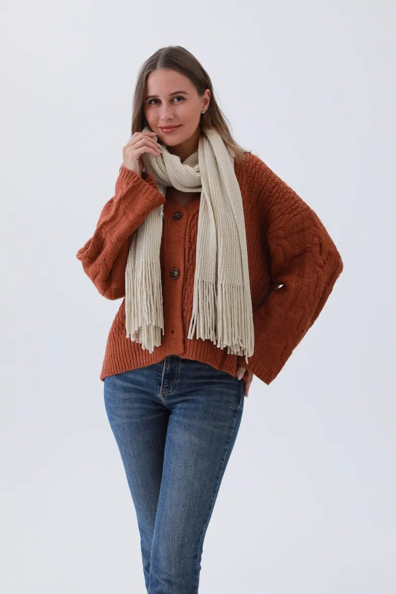 Luxe Chenille Knit Scarf – Plush Tassel Elegance choice of colors