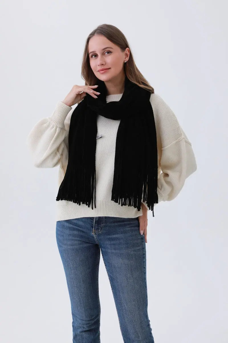 Luxe Chenille Knit Scarf – Plush Tassel Elegance choice of colors