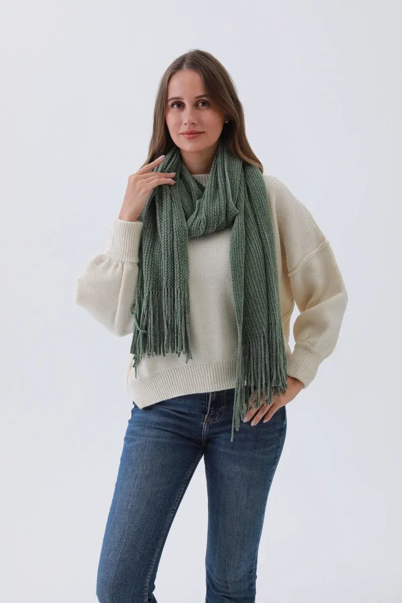 Luxe Chenille Knit Scarf – Plush Tassel Elegance choice of colors