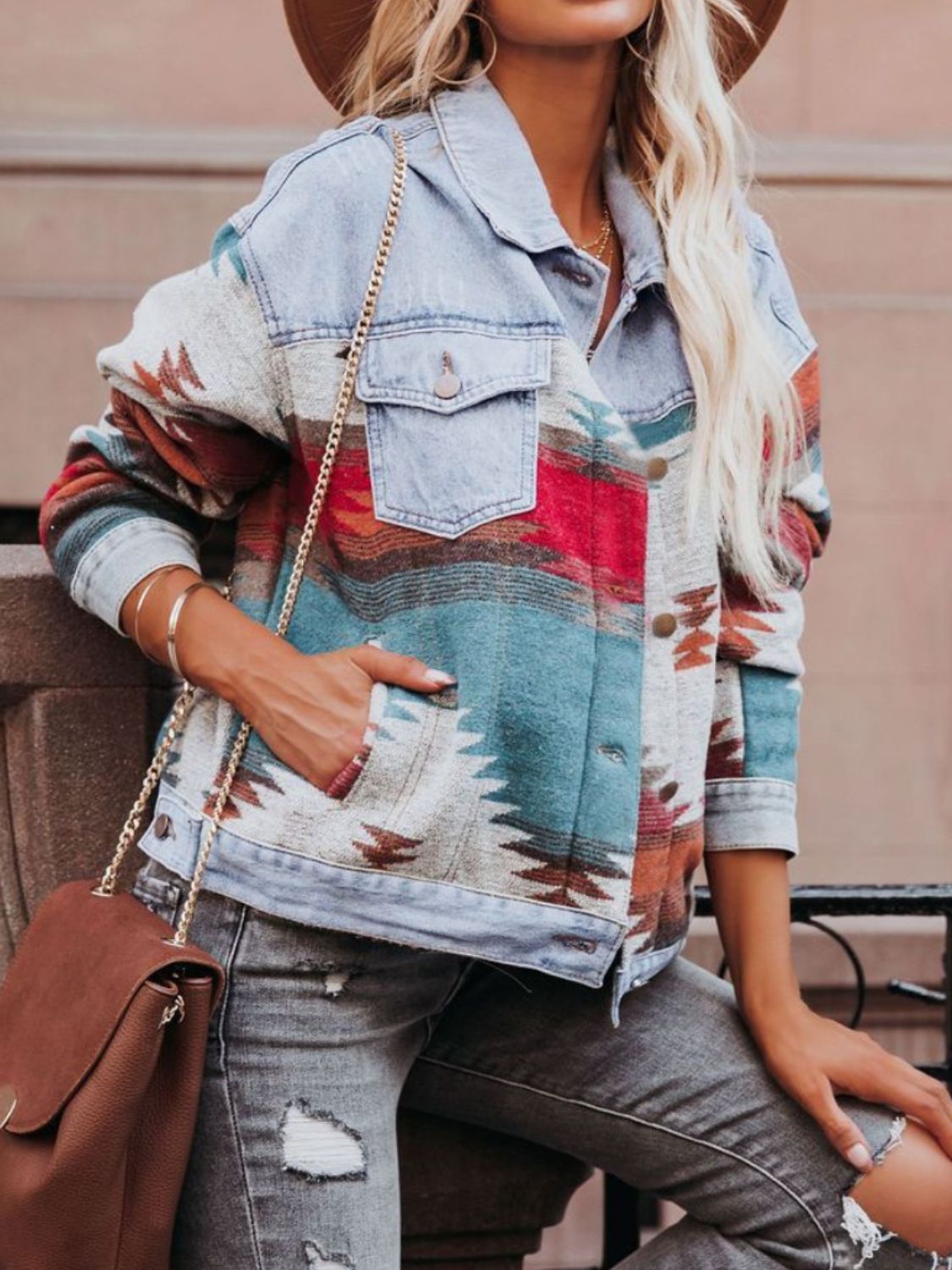 Westward Aztec Long Sleeve Denim Jacket