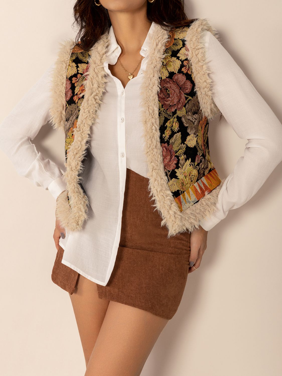 Floral Tapestry Faux Fur Trim Vest