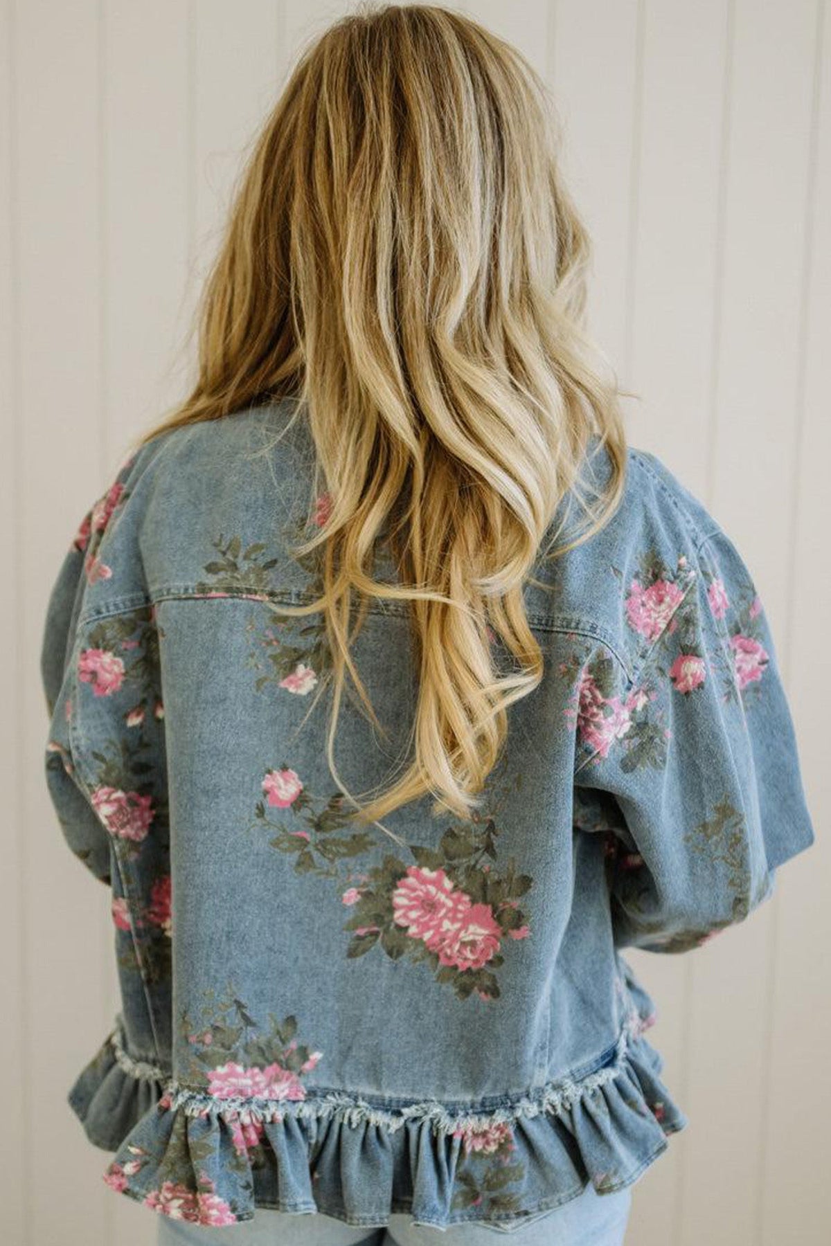 Floral Denim Raw Seam Ruffle Hem Jacket