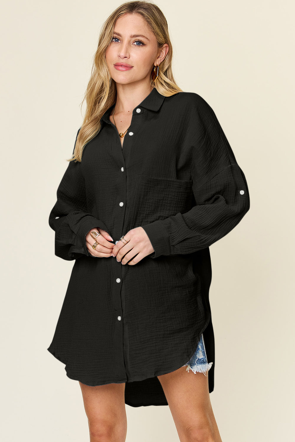 Double Take Full Size Pocketed Texture Button Up Shacket Big Shirt choice of colors