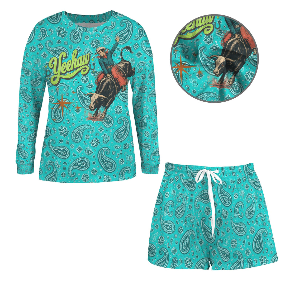 Baha Ranch The Last Roundup Western Long Sleeve Top & Shorts Pajama Lounge Set