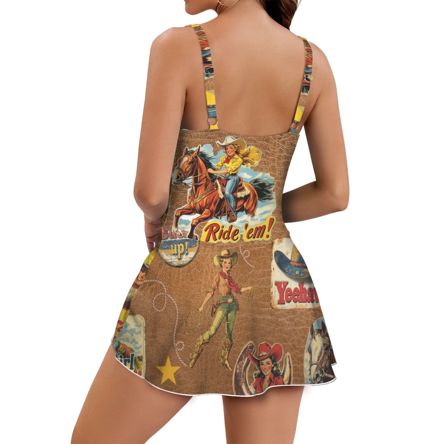 Vintage Cowgirl Collage Skirted Swim Suit