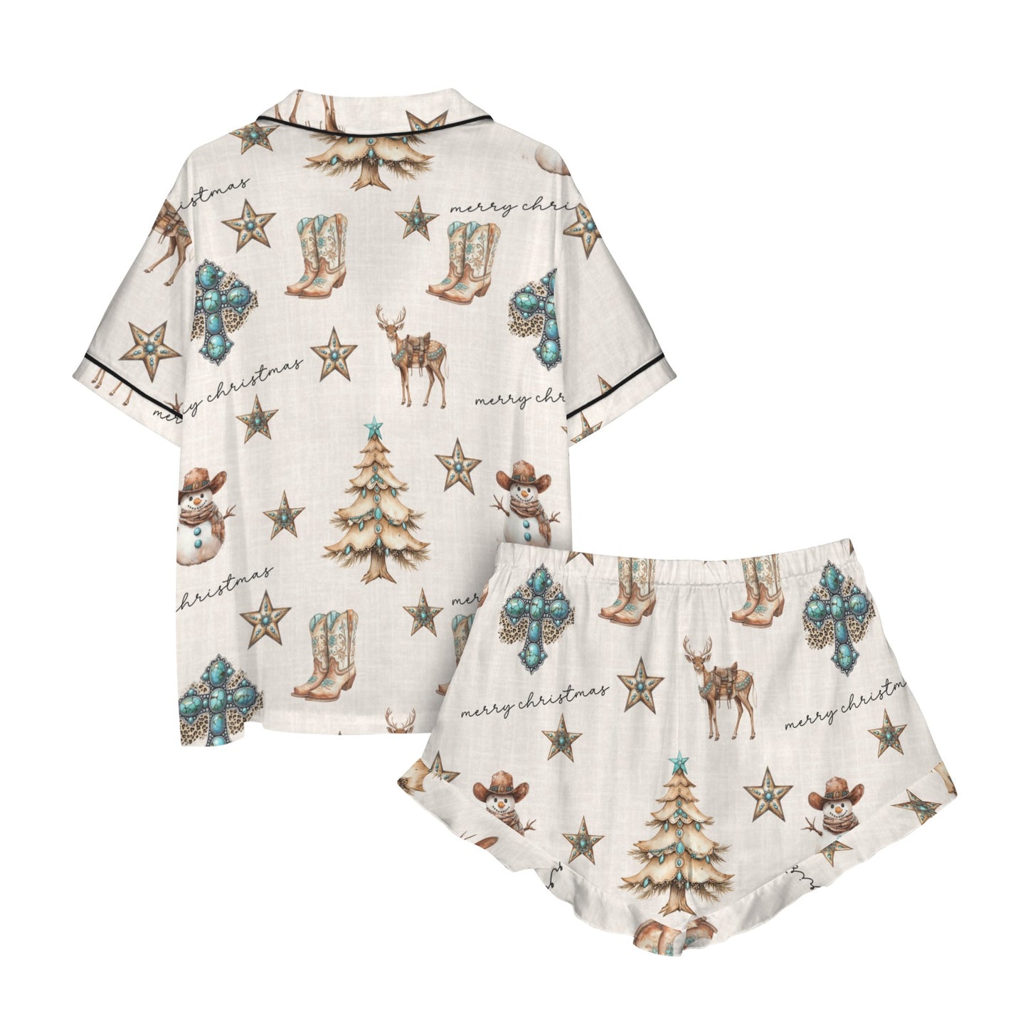 Christmas Spirit Cowgirl Western Cowboy Satin Short Pajama Sets