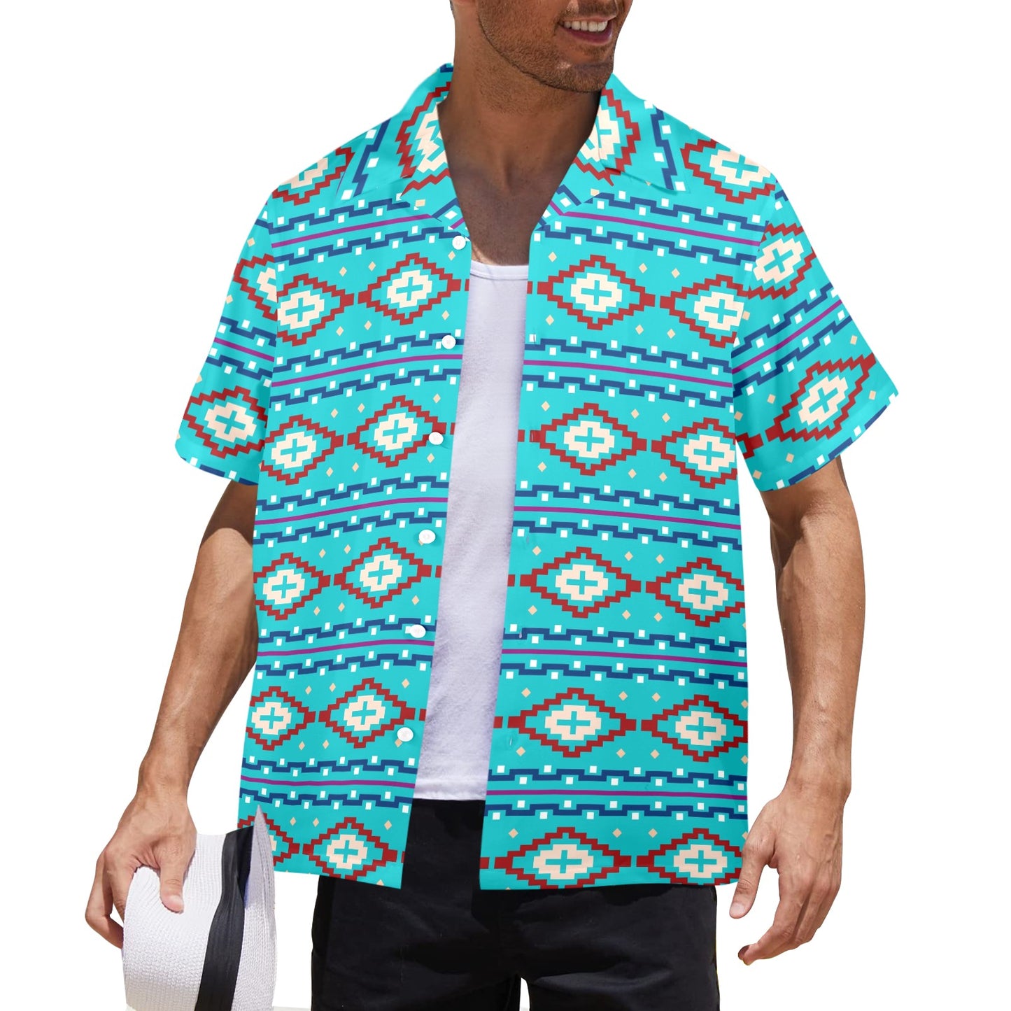 Baha Ranch Aqua Aztec Men's Camp Shirt Made in America