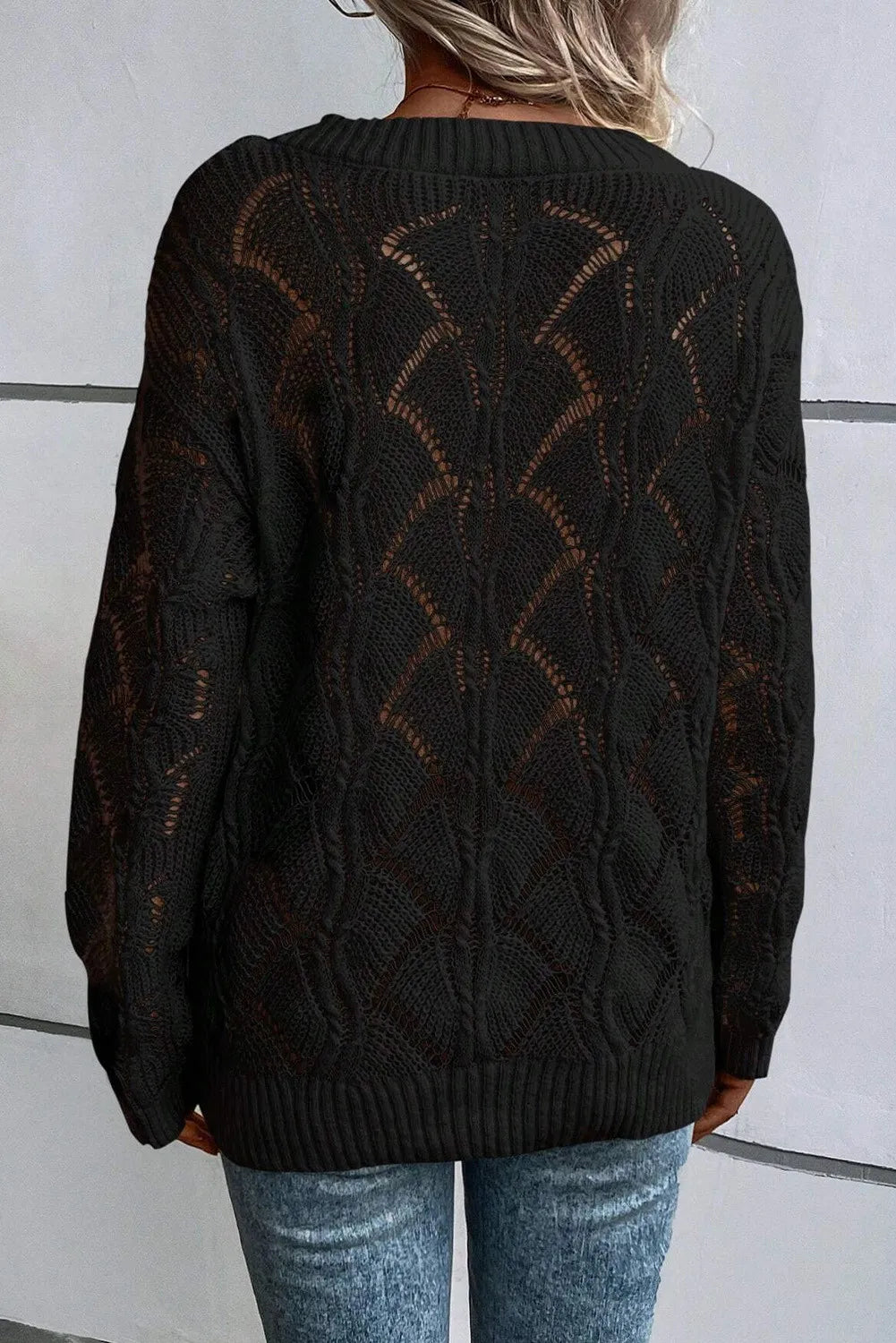 Openwork V-Neck Long Sleeve Sweater choice of colors