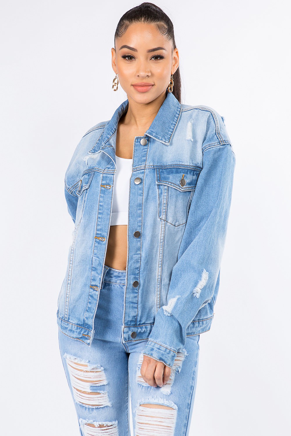 American Bazi Graphic Distressed Long Sleeve Denim Jacket Clearance