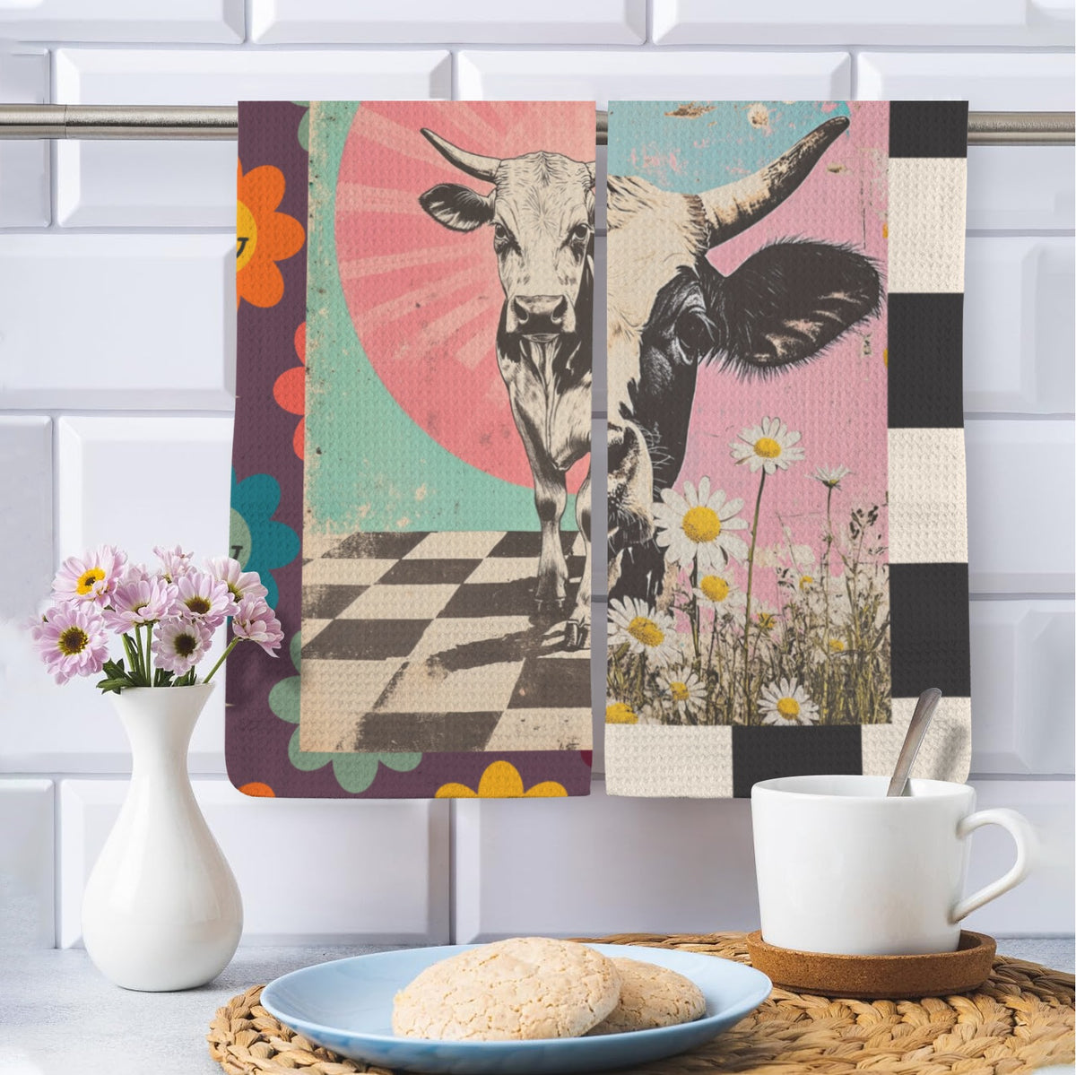 Baha Ranch Checkered Cows set of 2 Kitchen Towels Made in America
