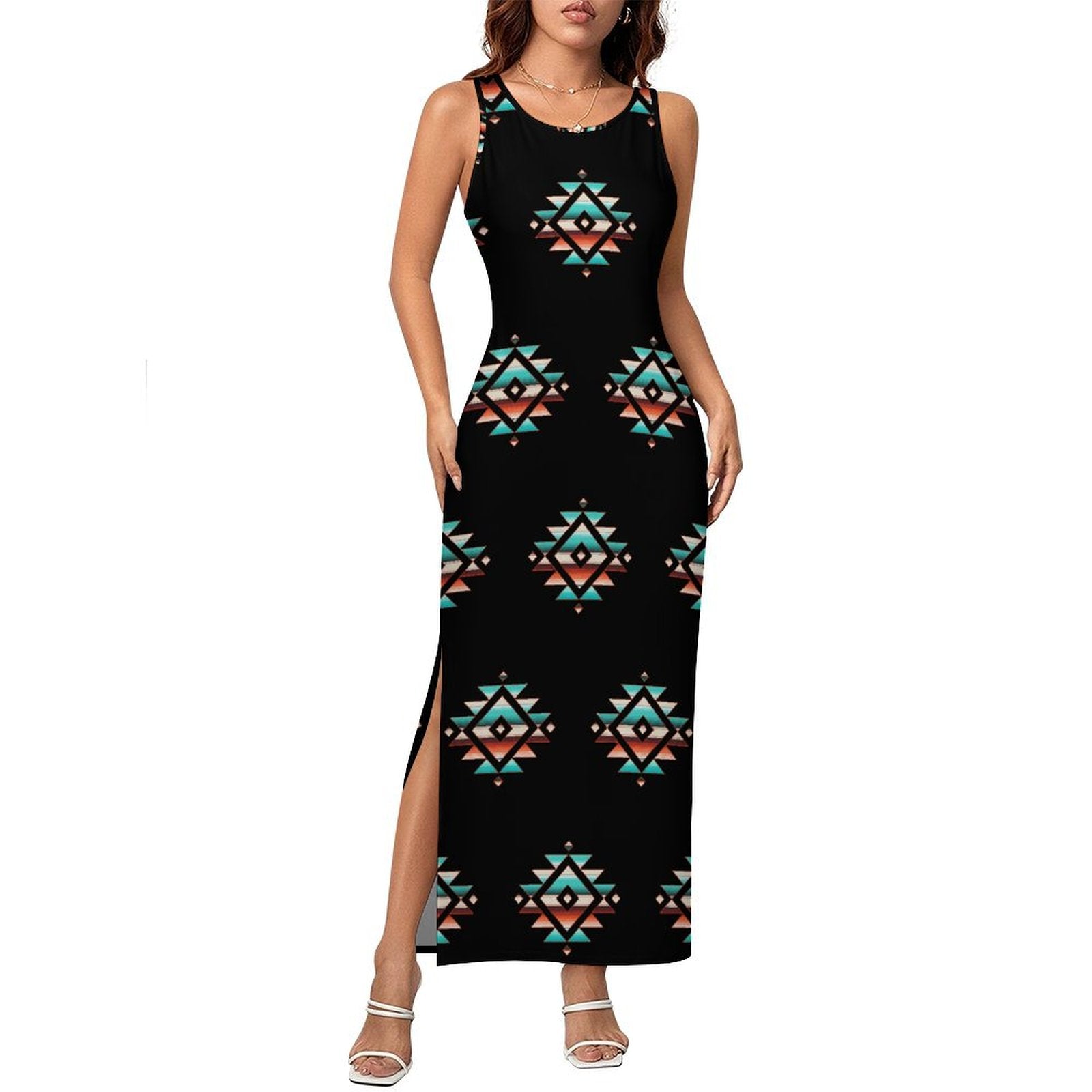 Baha Ranch Southwestern Aztec Sleeveless Bodycon Side Slit Western Maxi Dress Multi / S Baha Ranch Southwestern Aztec Sleeveless Bodycon Side Slit Western Maxi Dress Multi / S