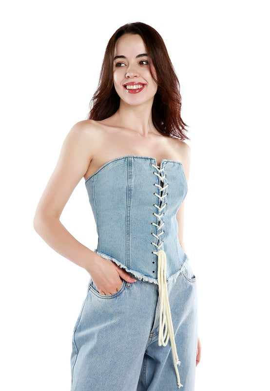 Giddy Up Lace Up Denim Corset Top