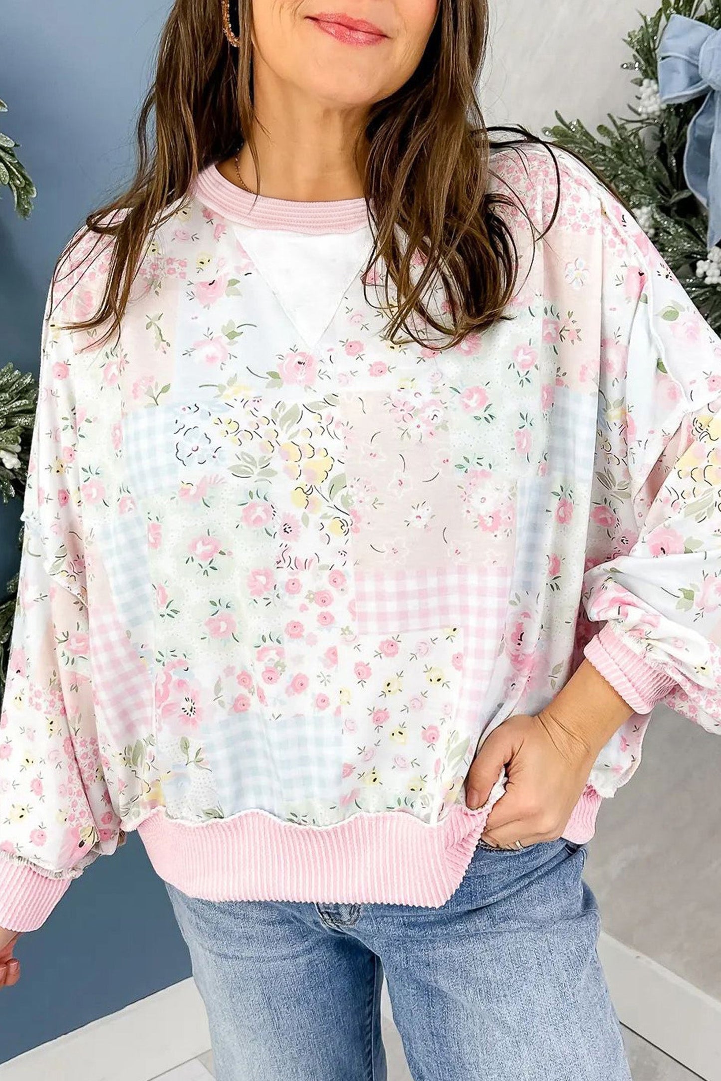 Floral Patchwork Corded Knit Long Sleeve Top