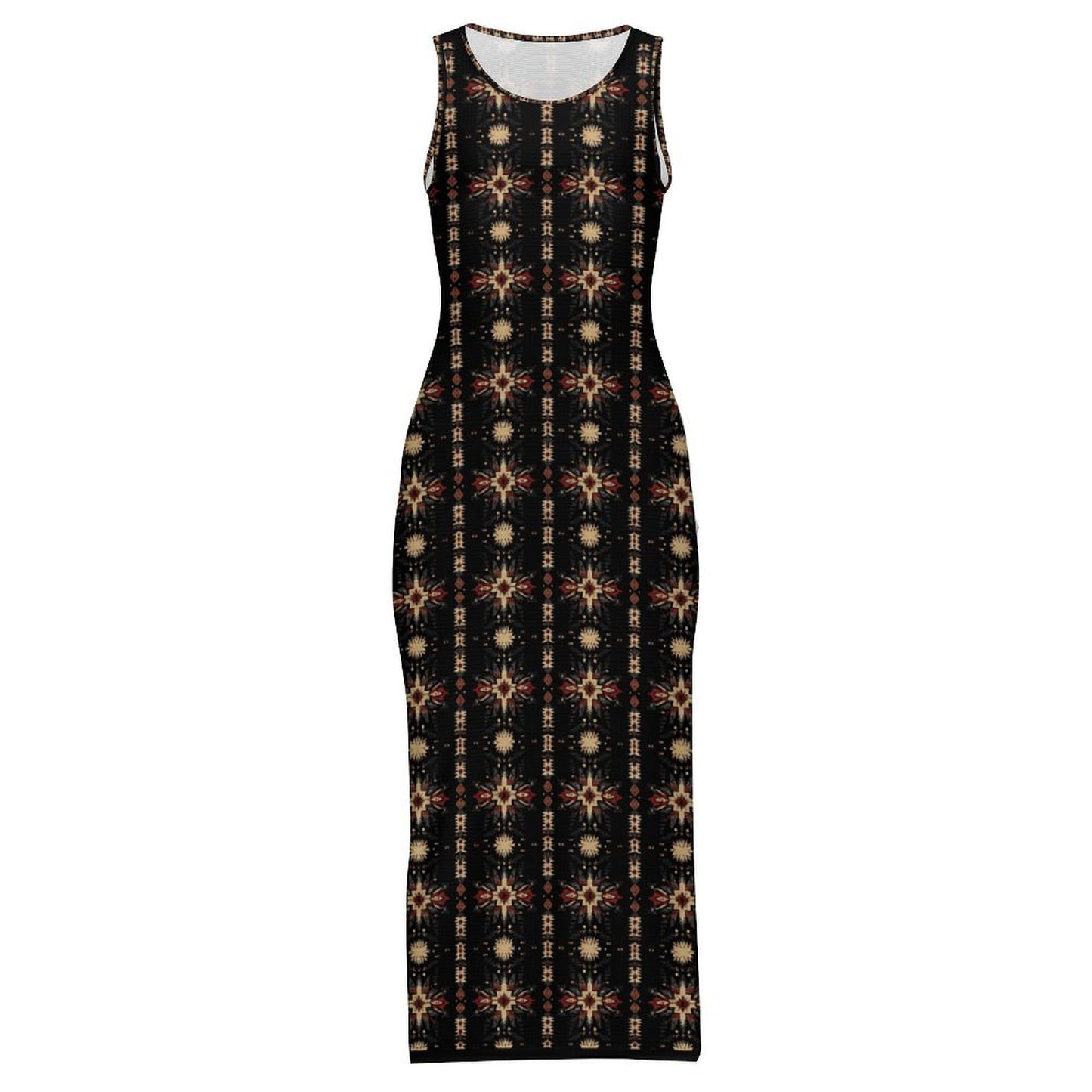 Black and Tan Aztec Sleeveless Bodycon Side Slit Maxi Dress