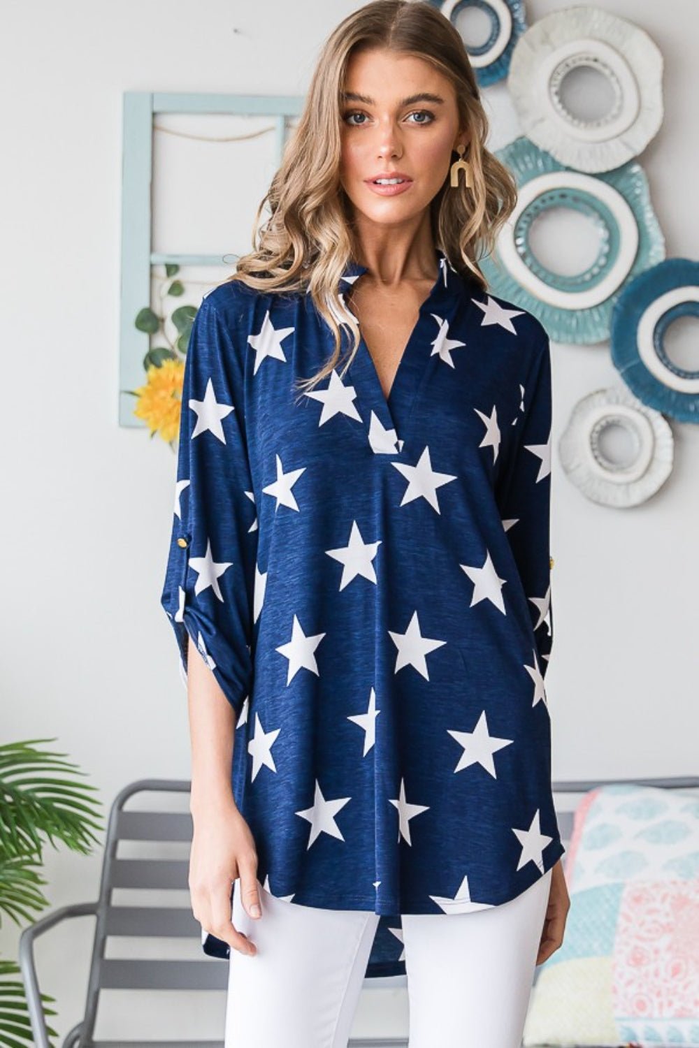 Star Print Roll-Tab Sleeve Star Print Top